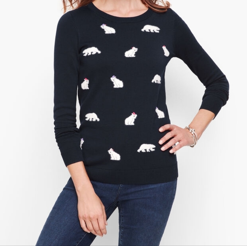 Talbots | Petites Mini Polar Bear Sweater Navy Blue Winter Holiday Festive